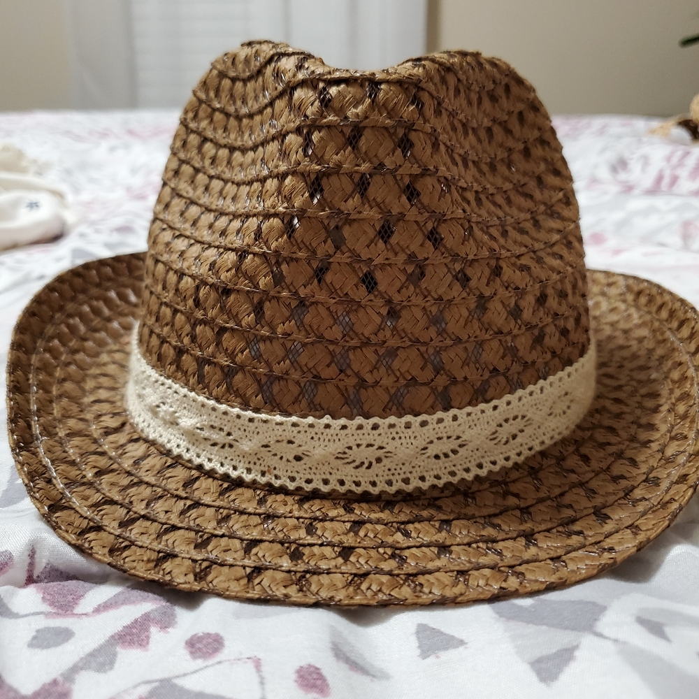 Tan Summer Hat with Crochet Trim